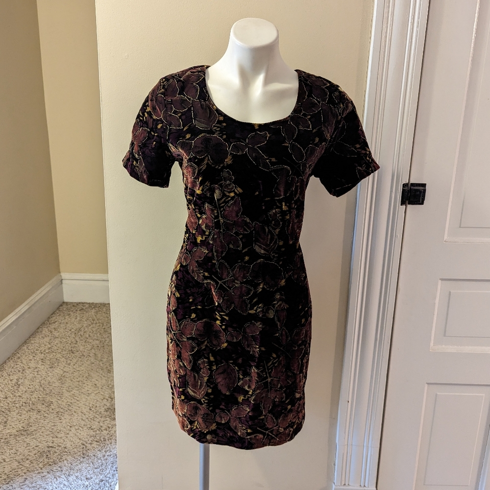 Vintage California Gold Rush brown and copper color velvet floral dress size M